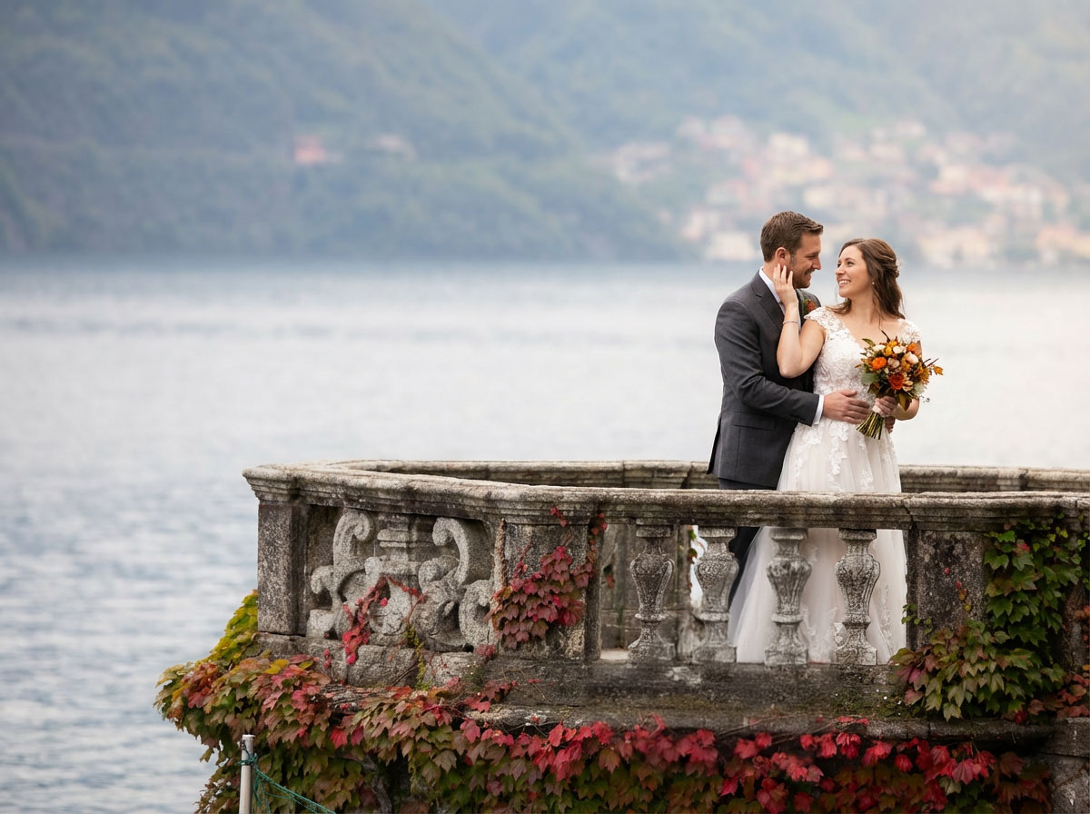 Ritratto coppia di sposi in una veranda sul lago di Como
